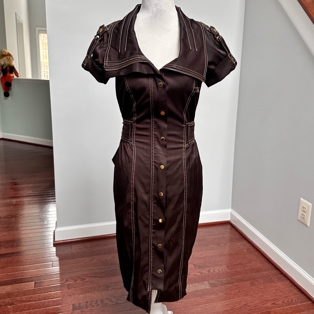 2000s Y2K Cache Button Zip Up Brown Gold Utility Belted Dress‎ Size 2